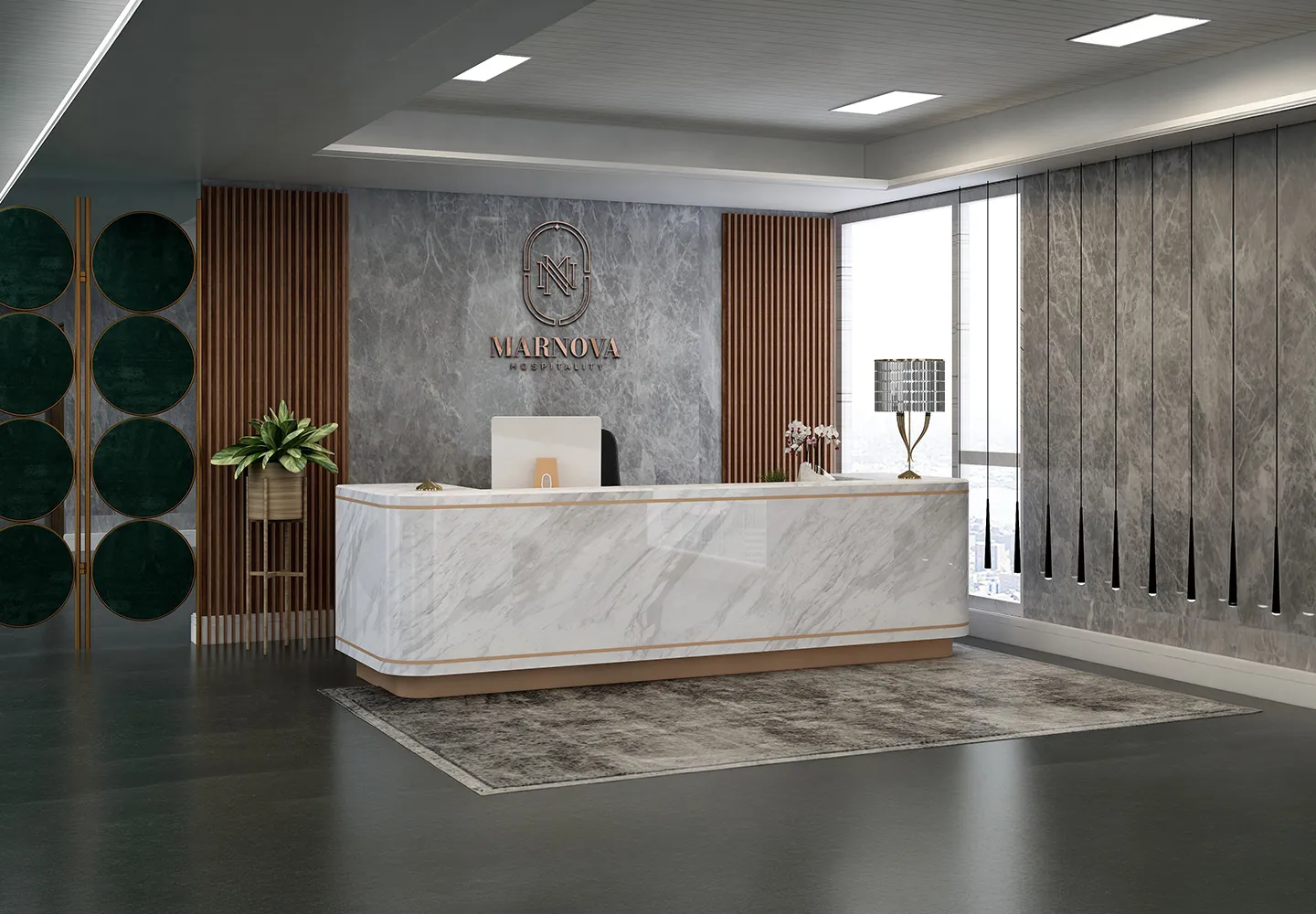 Hotel reception desk with the Marnova Hospitality logo on the wall behind it