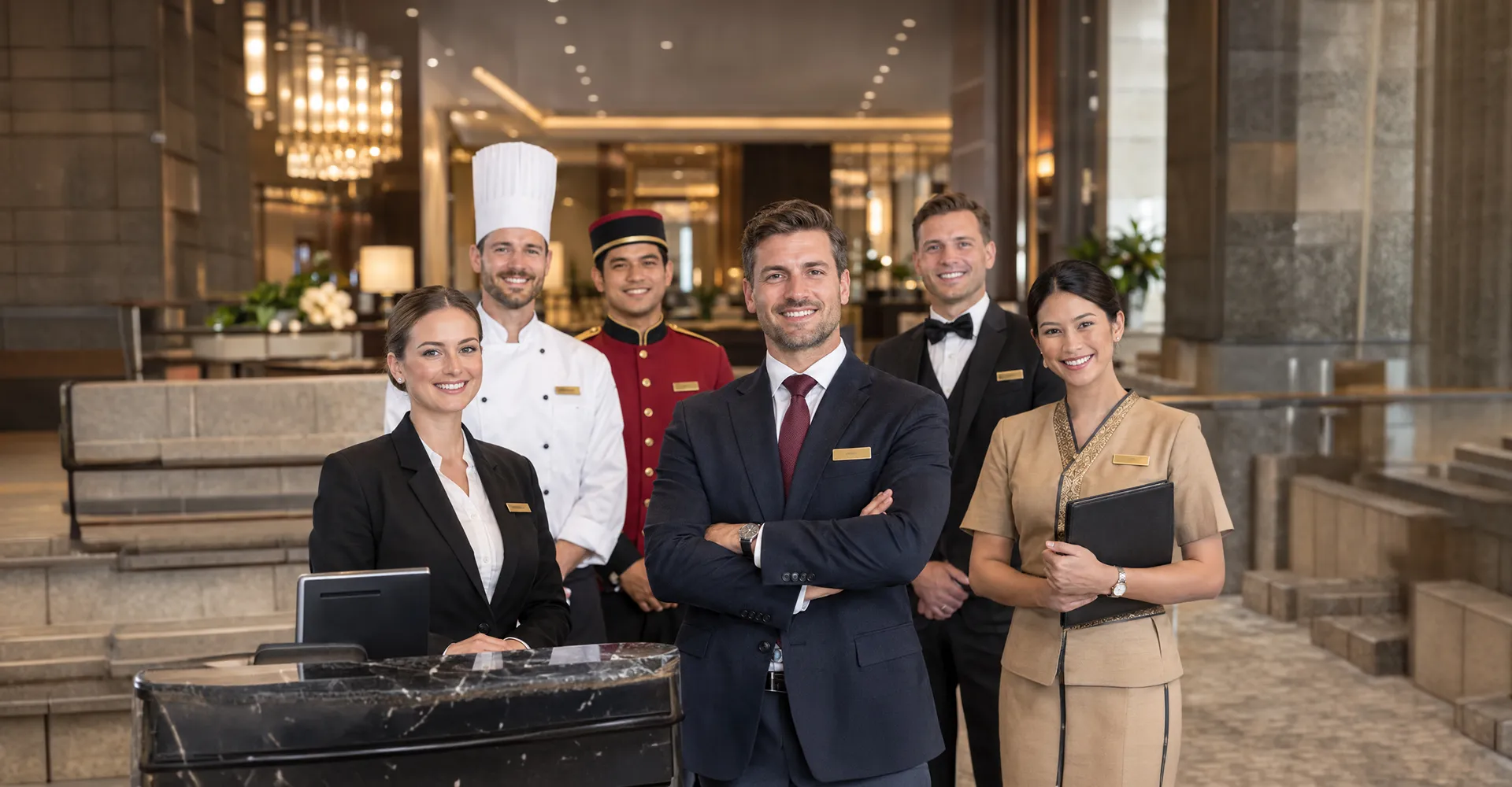 Hotel management team in a lobby: front office, chef, bellman, duty manager and guest relations