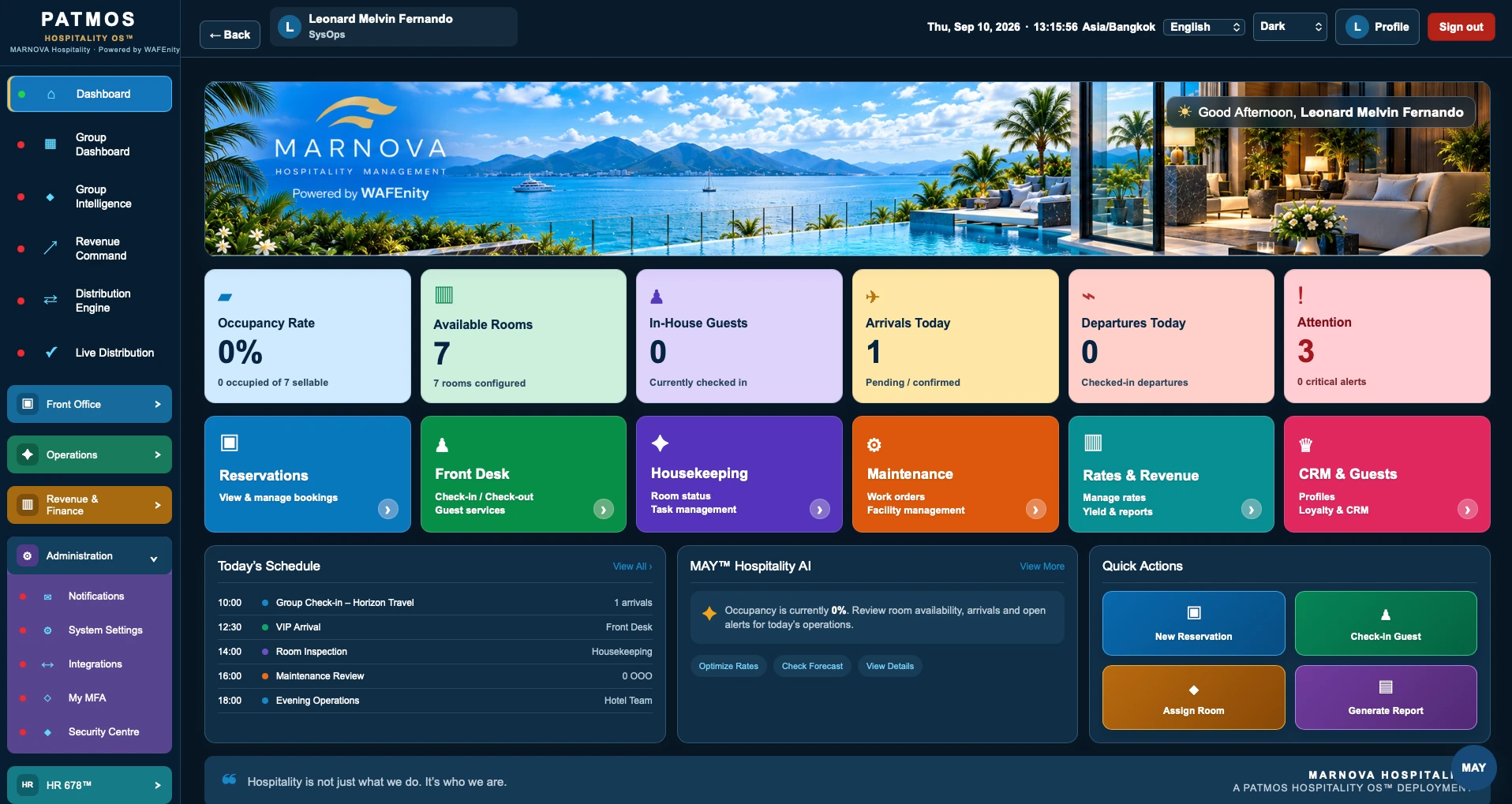 PATMOS678 OS dashboard by Marnova Hospitality showing occupancy, arrivals, housekeeping and revenue in one live view
